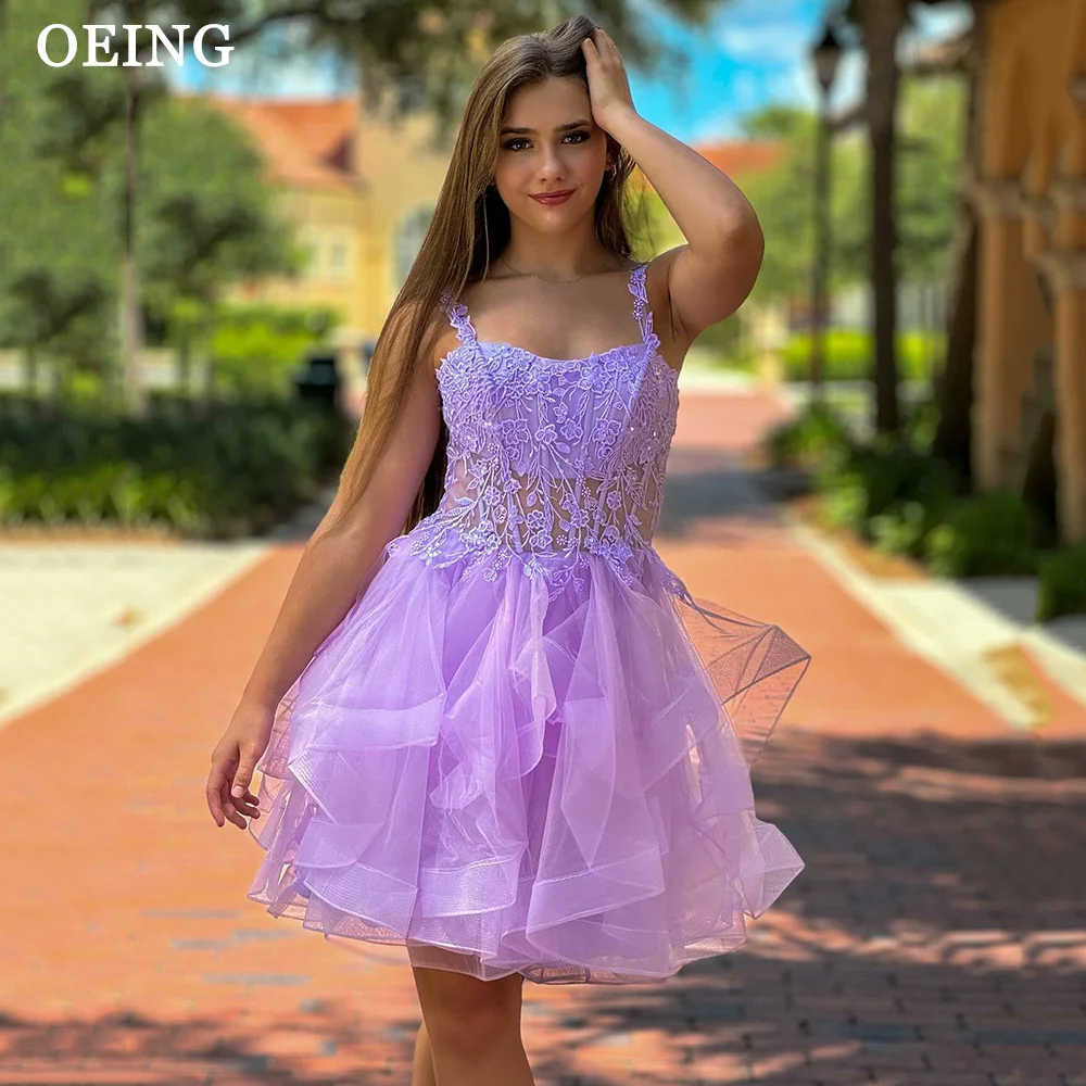 OEING Sexy Tulle Short Prom Dresses Spaghetti Strap Appliques Lace Corset Back Cocktail Party Gowns Mini Homecoming Dress