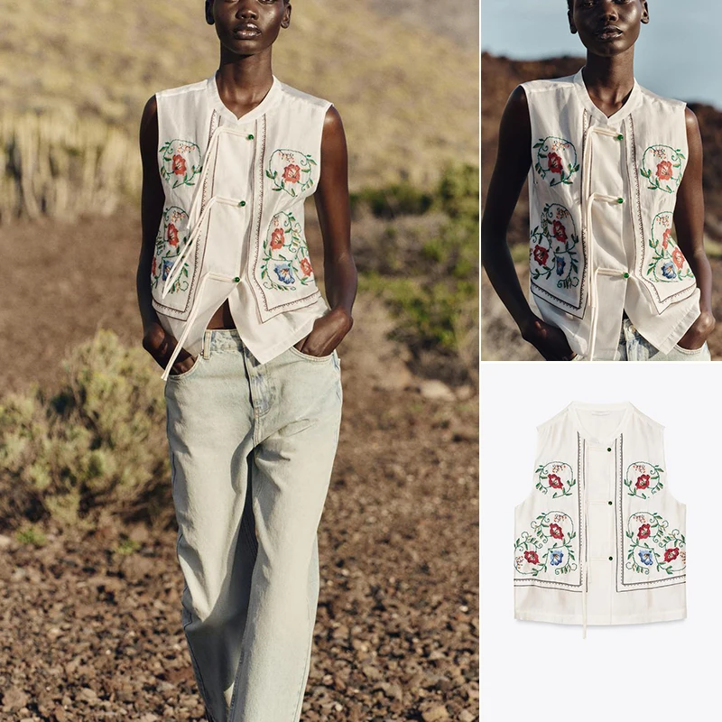 

Spring Summer Women's Embroidered Svel Stand Collar Vest Floral Decorated Chinese Sle Top Single Button Design Polyes...
