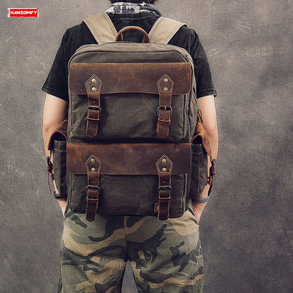 2024 Vintage Canvas with Leather Men's Backpack Large Capacity Men Travel Backpacks male Laptop Bag Waterproof school Bags