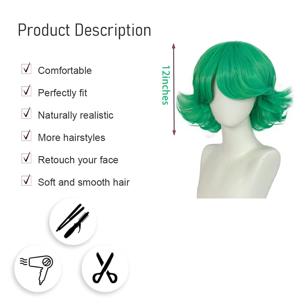 عالية الجودة أنيمي واحد لكمة رجل تاتسوماكي كوسبلاي شعر صناعي 12 بوصة أخضر قصير مجعد شعر مستعار يومي طبيعي مقاوم للحرارة #2