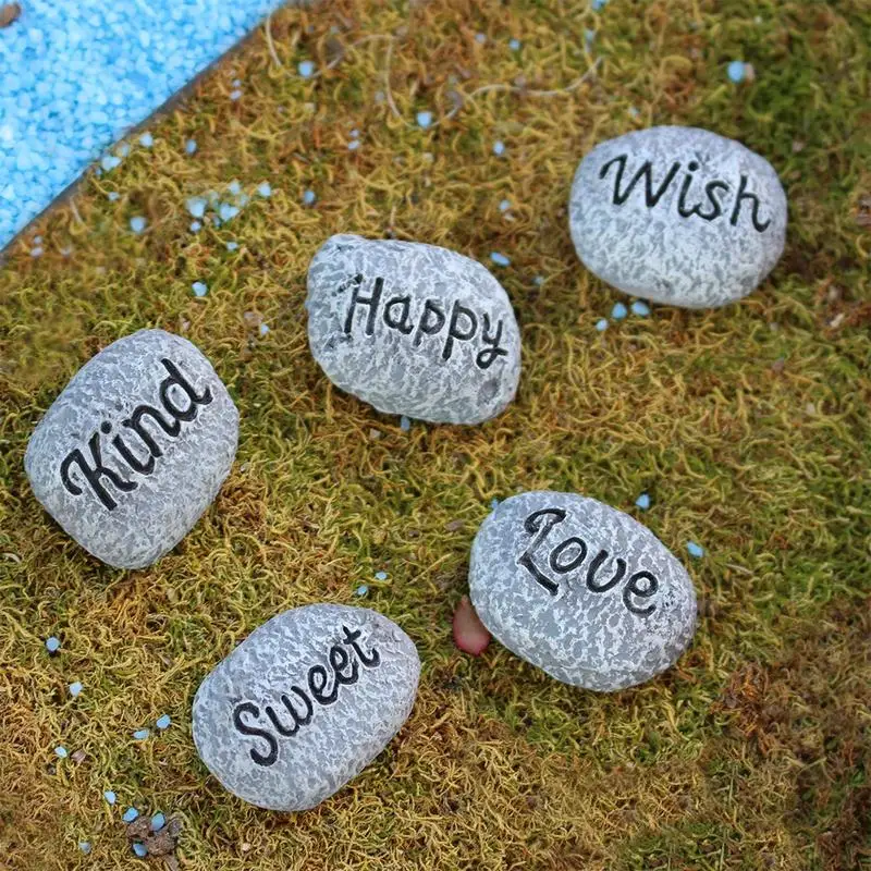 5PCS Bonsai Decorative Rocks Faux Resin Decorative Planter Stones Waterproof Succulent Pebbles Warm Letter Design Garden Decor