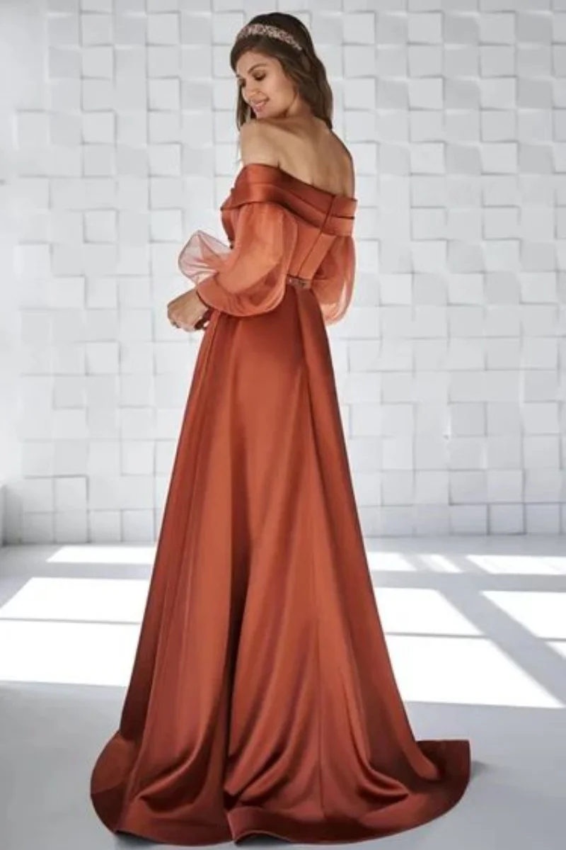 Fashion Dark Orange Off the Shoulder A-line Prom Dresses Transparent Tulle Long Sleeve Pleats Ruffles Evening Dresses with Belt