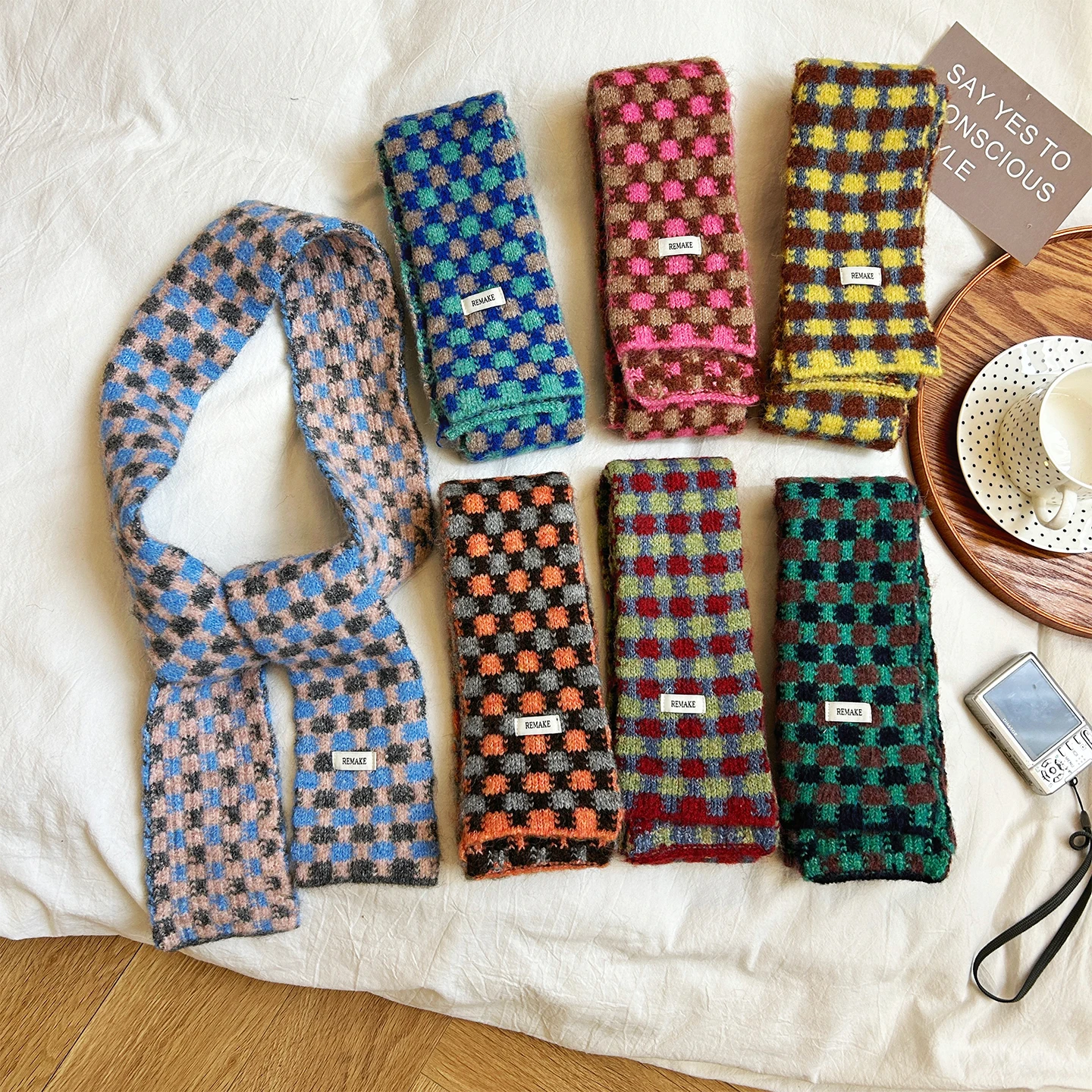 韓国風チェック柄長方形ニットスカーフ女性の秋冬暖かいネックウォーマー多用途ファッショナブルな高級感