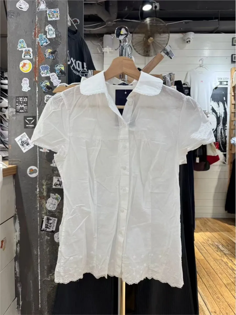 

White Lace Trim Slim T-shirt Blouse Women Summer Casual Pan Collar Single Breasted Short Sleeve Tee Sweet Preppy Style T-shirts