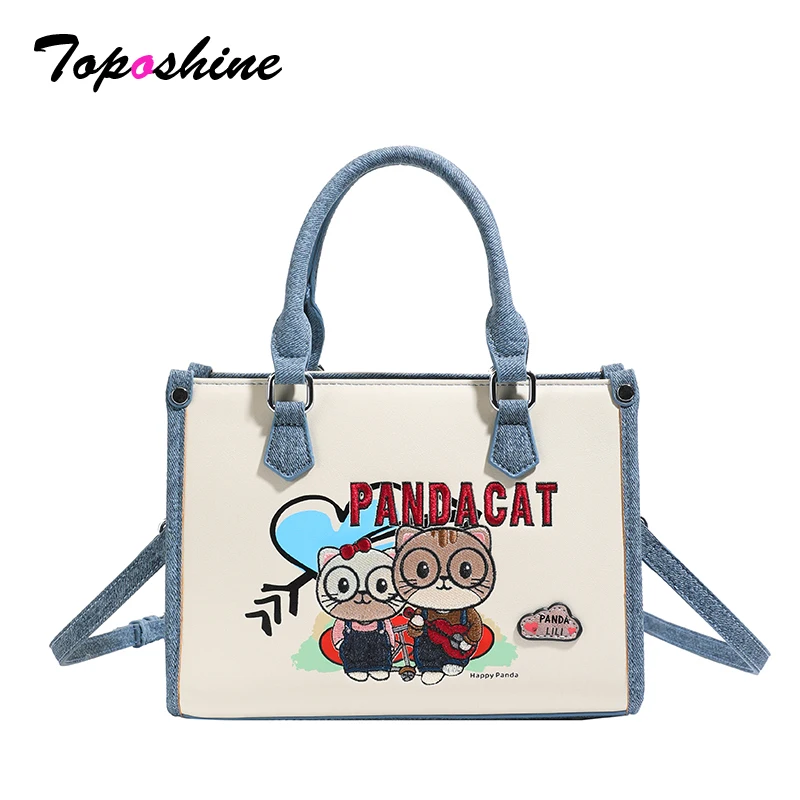 

Toposhine Cute Pandacat Cartoon Handbag for Women Denim Trim Structured Tote Bag with Detachable Strap Casual Bag for Daily Use