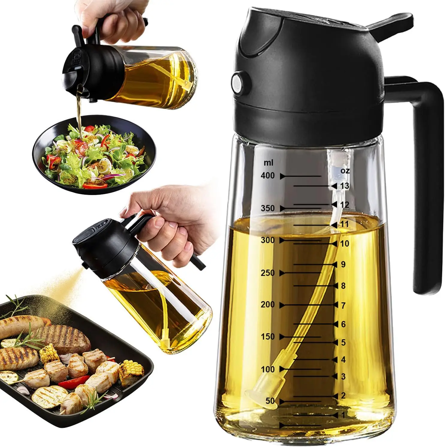 

16oz Glass Olive Oil Sprayer with Dual Dispensing for Cooking, Air Fryer, Salad & BBQ - Black