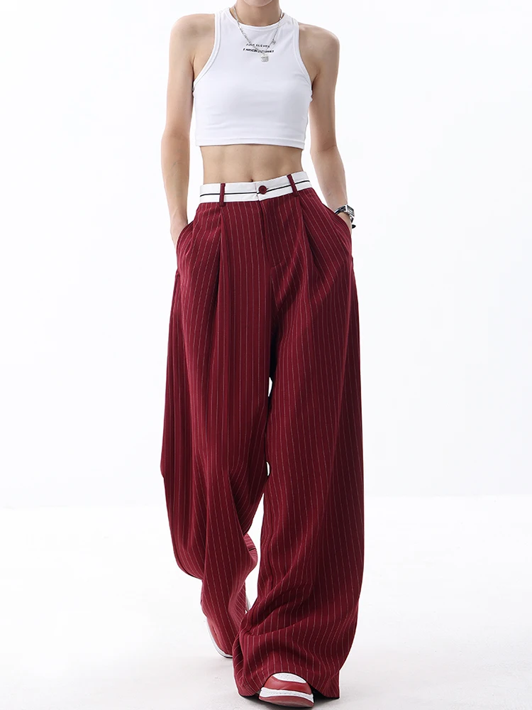 Korean Fashion Women Old Money Style Baggy Long Trousers Striped Vintage Irregular Design Loose Casual Pants 2000s Aesthetic New