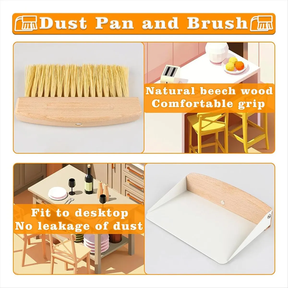 N14R Top Small Dust Pan and Brush Set, Mini Hand Broom and Dustpan Set, Wooden Crumb Sweeper for Home Desktop, Sofa White