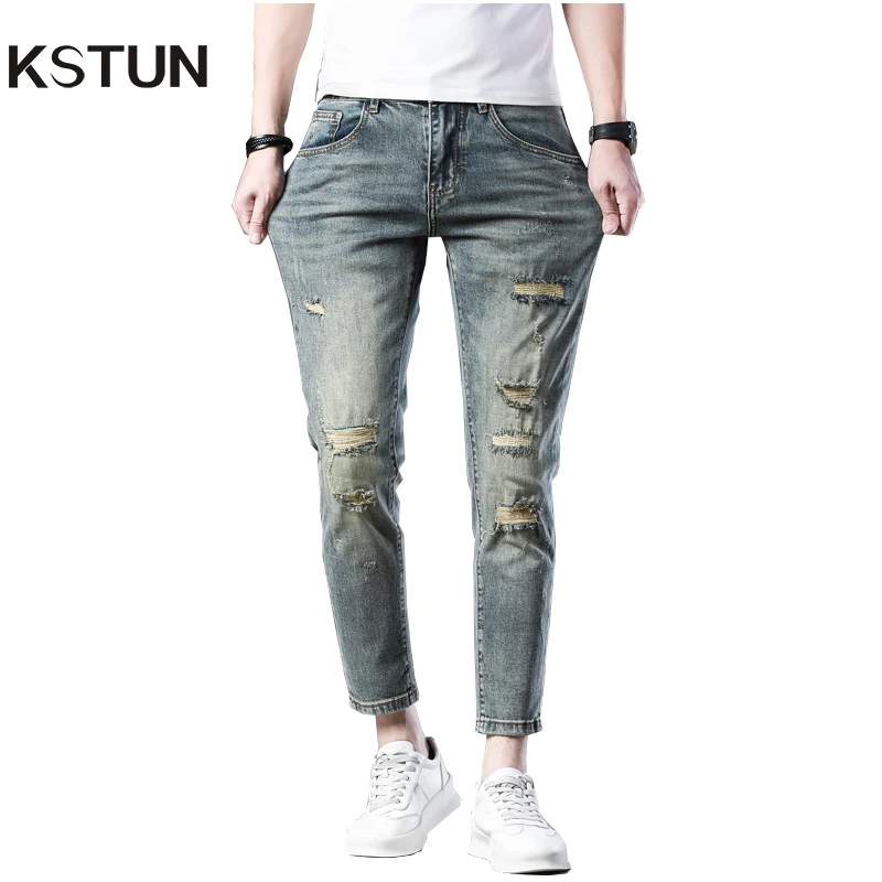 Ripped Jeans For Men Skinny Jeans Hip Hop Distressed Ankle Pants Retro Blue Stretch Patched Men's Clothing High Quality 2024 New