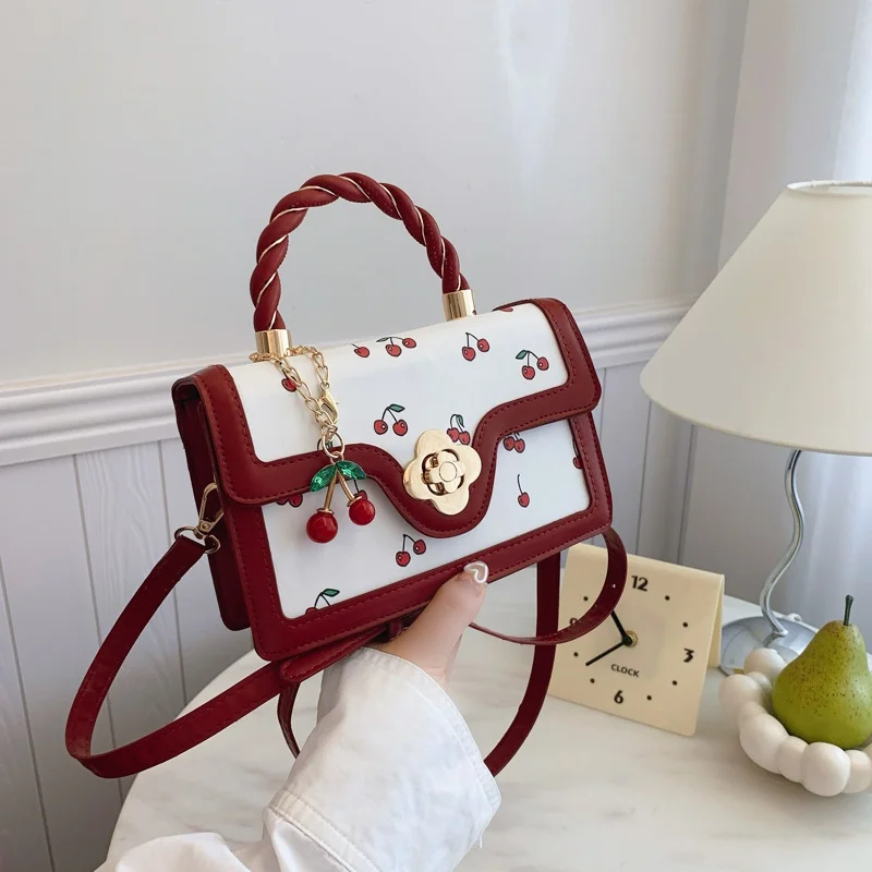 Lindo bolso de hombro con estampado de cereza, bolso de mano cuadrado con asa tejida, bolso cruzado de mujer de diseño fresco, bolso elegante para mujer