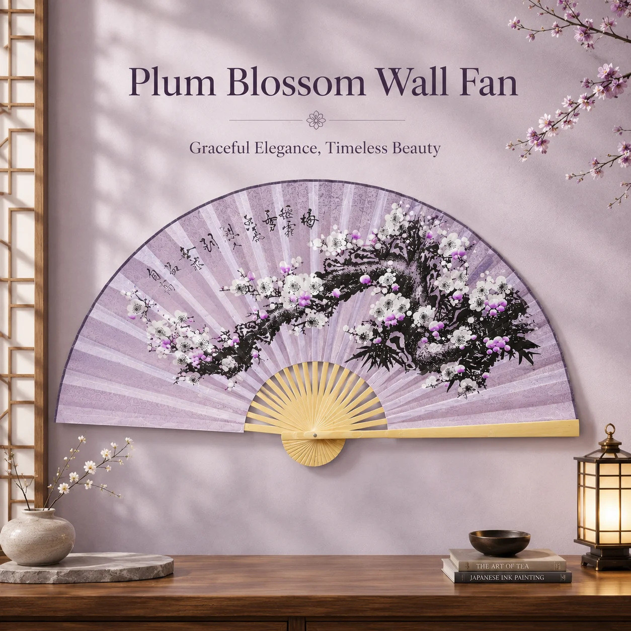 Large Decorative Wall Fan, Hand-Painted Plum Blossom Bamboo Hanging Fan, Oriental New Chinese Style Wall Art for Living Room