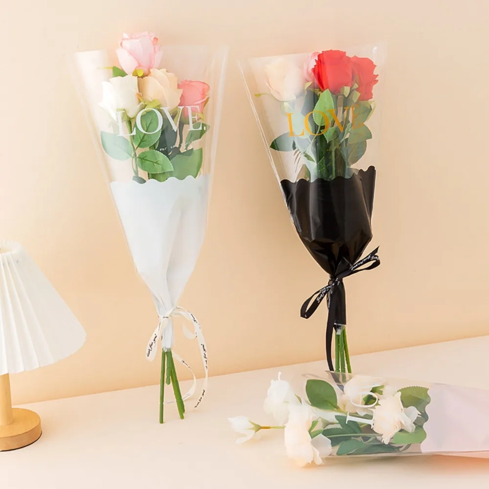 50pcs Rose Bouquet Wrapping Sleeve Plastic Bags Waterproof Valentine\'s Day Single Rose Flower Packaging Bag