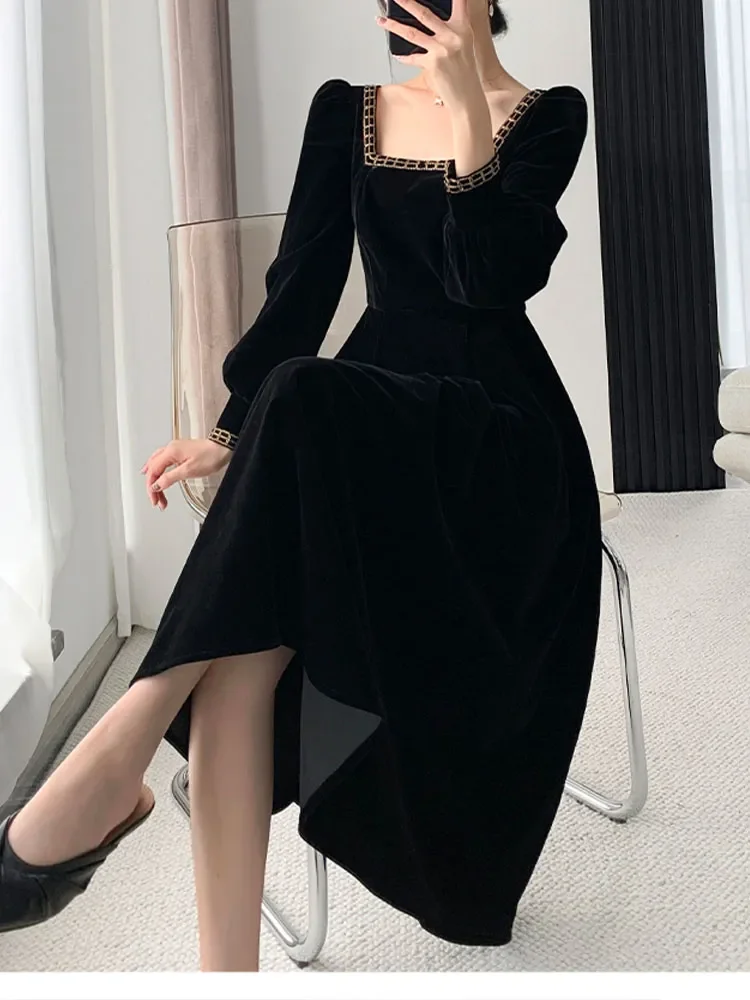 New French Vintage Elegant Dresses for Women Long Sleeve Streetwear Office Lady Solid Square Collar 2023 New Autumn Winte Dress