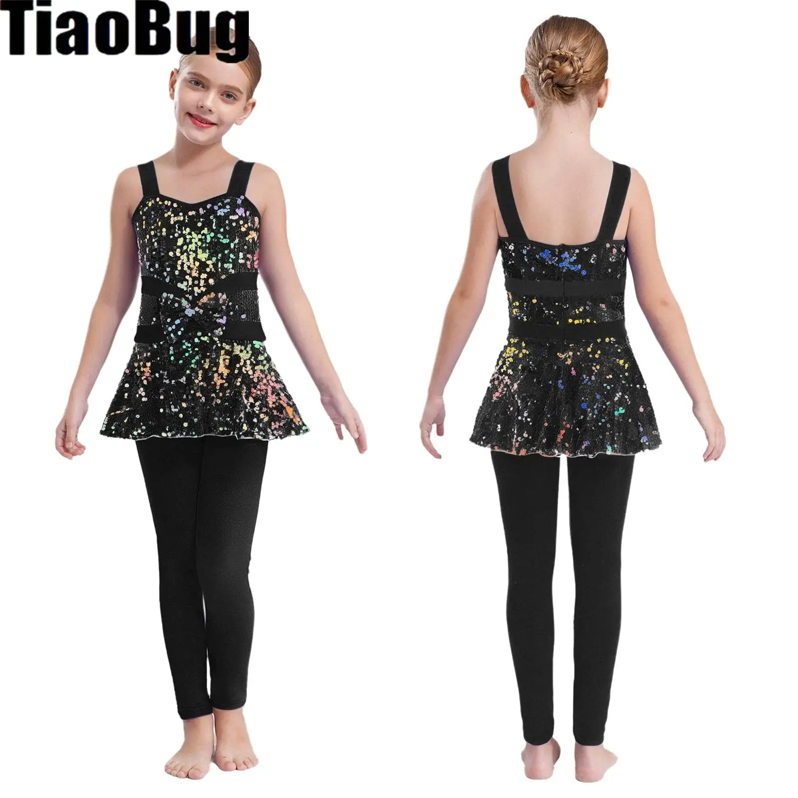 

Girls Sequin Peplum Jumpsuit Sleeveless Wide Shoulder Straps Glitter Jazz Dance Bodysuit Figure Skating Performance Costumes
