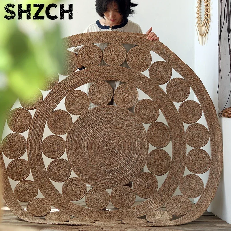 Hand Woven Carpets for Homestay Living Room Home Decor Natural Grass Plants Floor Mats Ethnic Style Hollow Out Pattern Round Rug