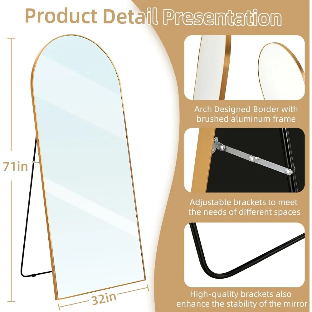 Specchio ad arco a figura intera, specchio da pavimento oversize 71x32 con supporto, specchio dorato a figura intera, specchi da toeletta per tutto il corpo in alluminio