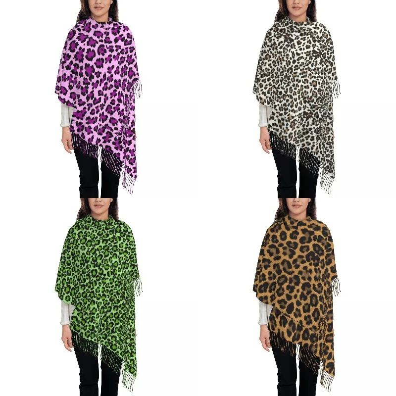 Stylish Cute Purple Leopard Print Tassel Scarf Women Winter Warm Shawls Wraps Lady Animal Seamless Scarves