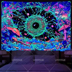 Blacklight Mushroom Tapestry UV Reactive Hippie Eye Butterfly Snake Neon Tapestrys Floral Plants Black Light Wall Tapestries