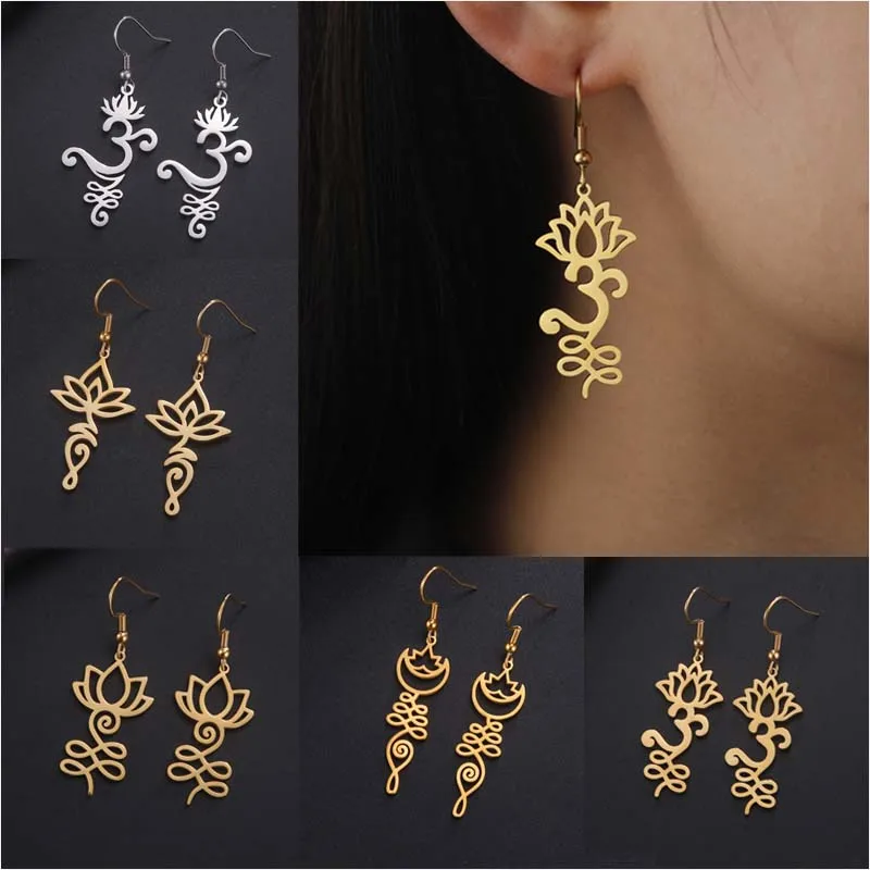 Stainless Steel Earrings Lotus Flower OM Unalome Symbol Drop Earrings for Women Vintage Yoga Lotus Buddhism Amulet Jewelry Gifts