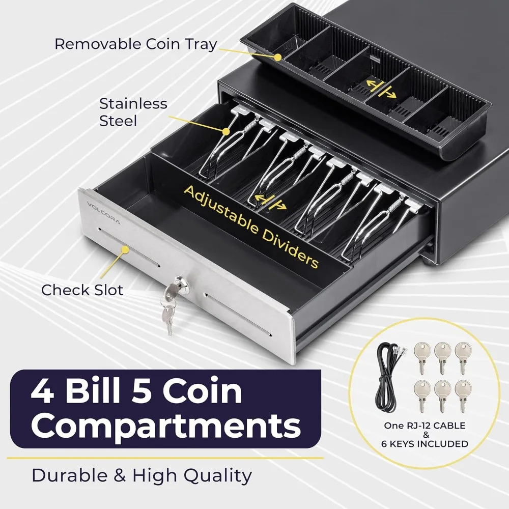 Gaveta de dinheiro POS frontal de aço inoxidável com 4 contas e 5 bandejas de moedas para sistemas de vendas no varejo
