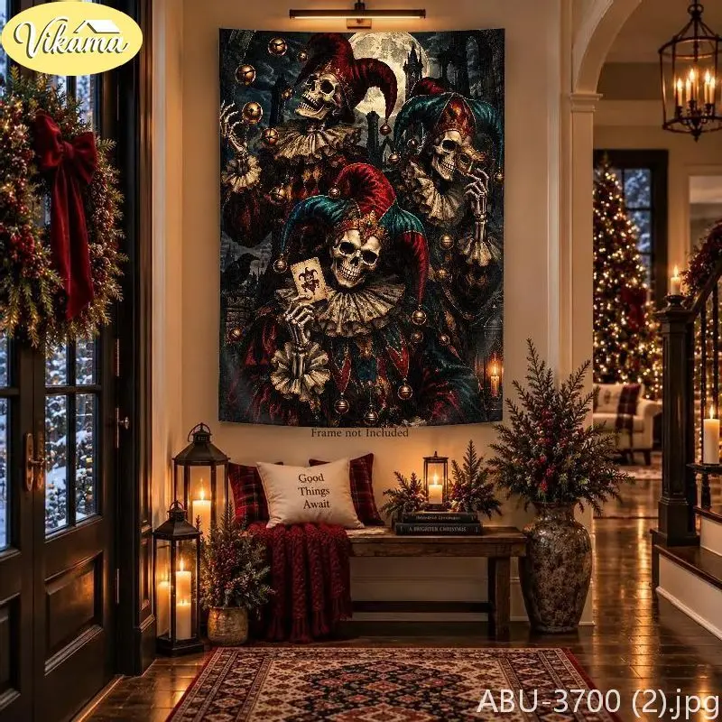 VIKAMA Creepmas Santa Skeleton Taper Cathedral Icicle Wall Tapestry Shadowy Victorian Yule Lunar Rime Festal Room Home Decor
