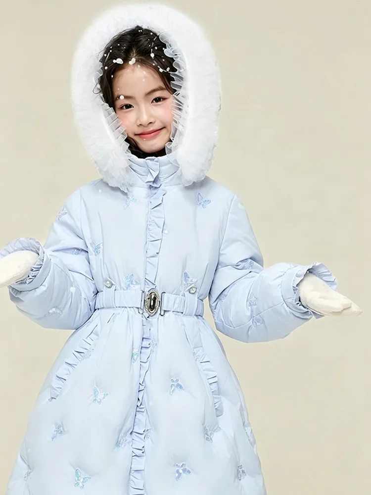 Kinder Mädchen Prinzessin Daunenjacke 90% Weiße Entendaunen Lange Kapuzenjacke Rüschenbesatz Warme Winteroberbekleidung 3-12 Jahre A5106 – Detail 6