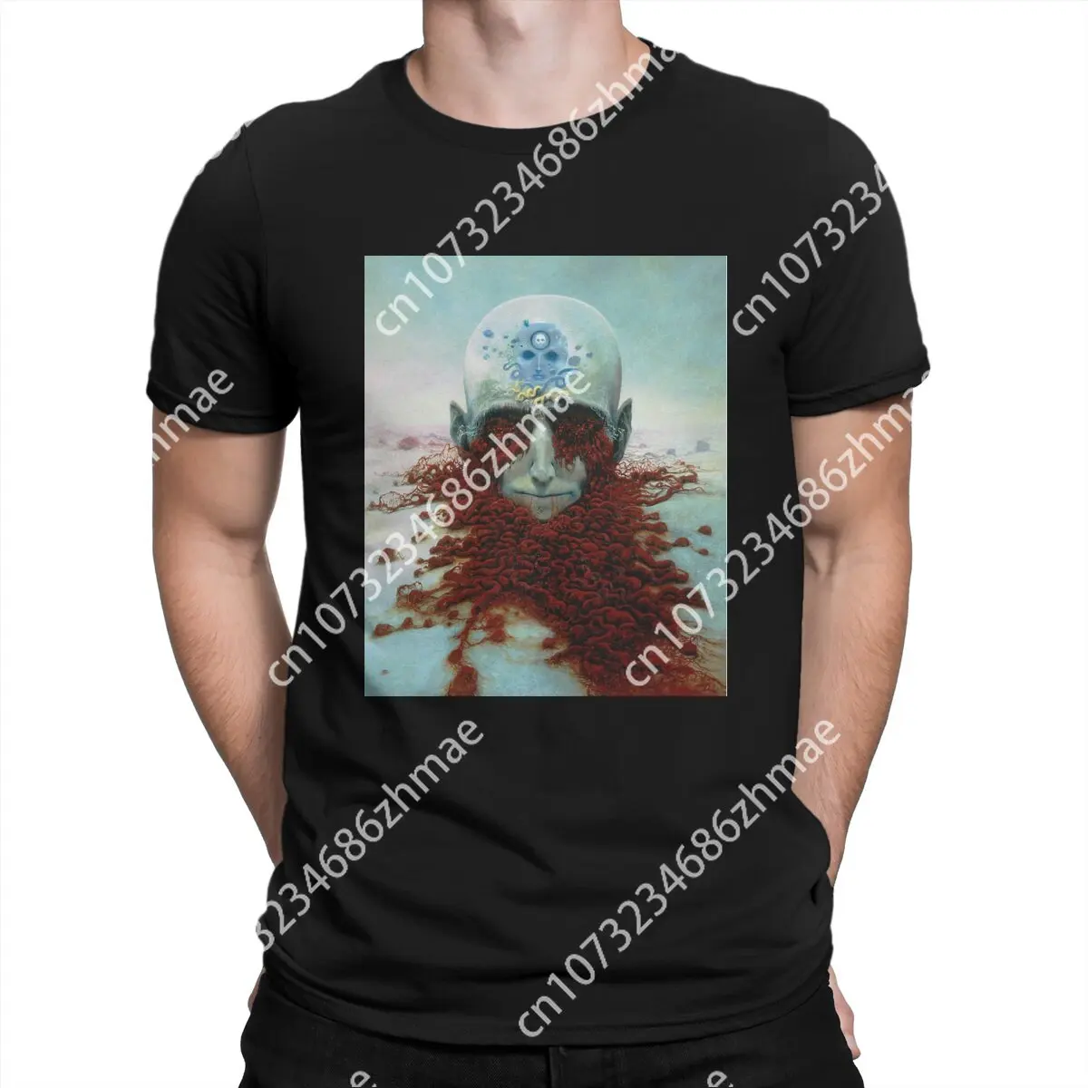 Novelty Beksinski T-Shirts for Men O Neck Pure Cotton T Shirt Scary Horror Short Sleeve Tee Shirt Printed Clothes