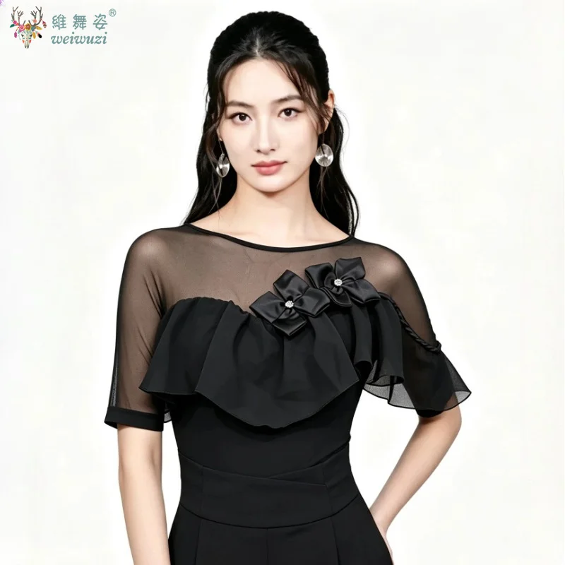 Professional Modern Dance Practice Suit Mesh Jumpsuit Top Women Adults Waltz Latin Ballroom Dance Performance Costumes Wearing