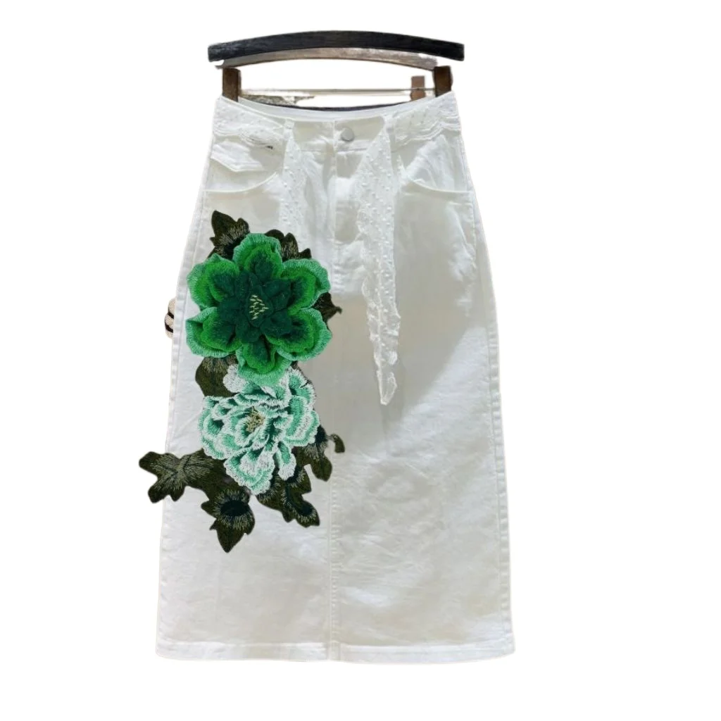 

2025 New Chinese style White Cowboy Skirt with High Waist and Elastic Slimming, Medium to Long Half length Skirt for Women