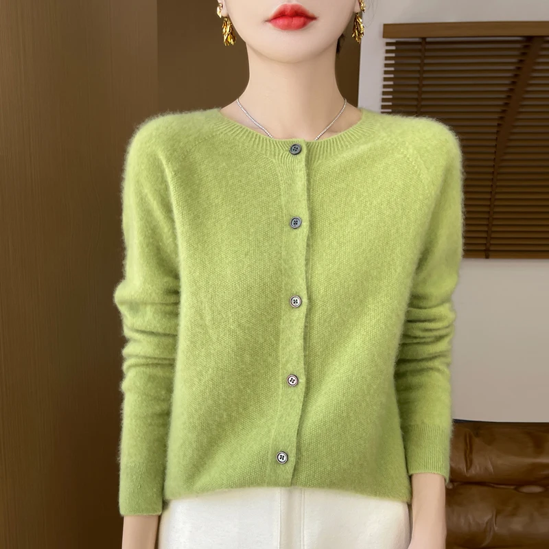 New ladies in autumn and winter 100% merino wool cardigan ladies O-neck long sleeve solid color knitted warm cashmere cardigan