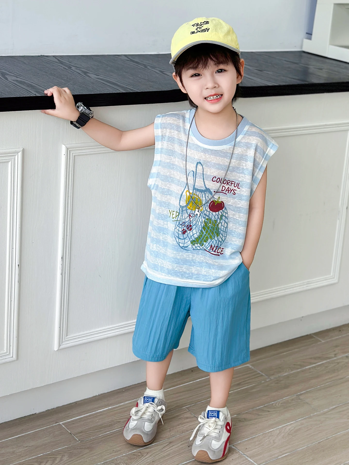lightweight-sun-protection-stripe-vest-set-for-boys-summer-new-arrival-two-piece-casual-sports-wear-comfortable-breathable