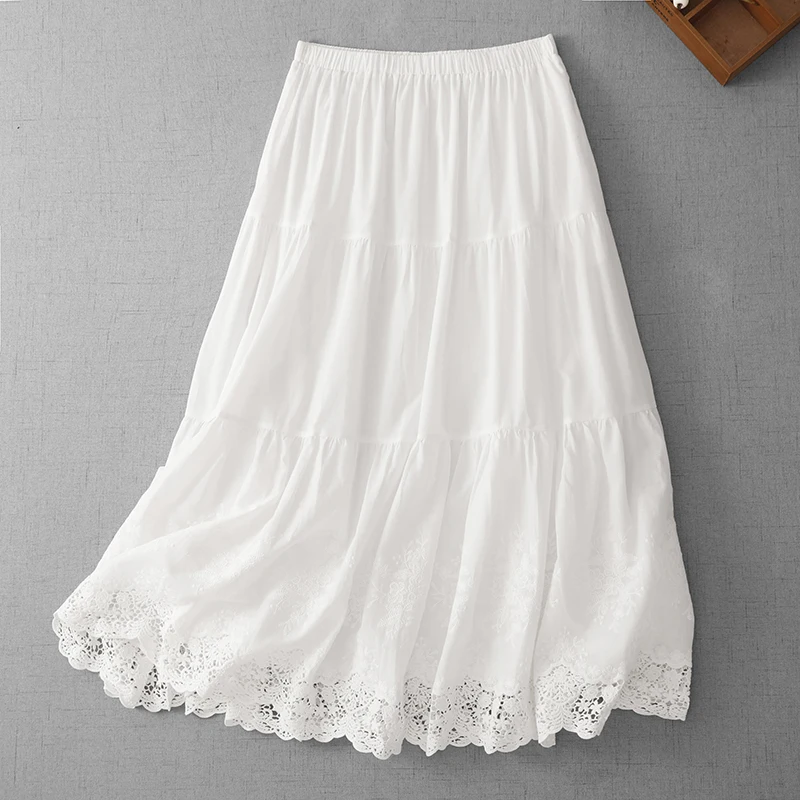 New Heavy Embroidery Hollow out Hook Flower Half Skirt Summer Thin Cotton Linen Casual White Elastic Waist A-Line Skirt