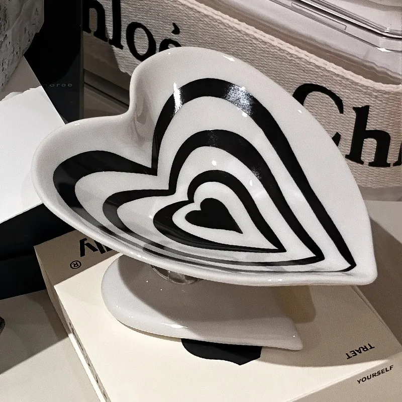 Ceramic Heart-shaped Storage Tray Geometric Stripes High Foot Plate Desktop Storage Container Jewelry Tray Home Accessories