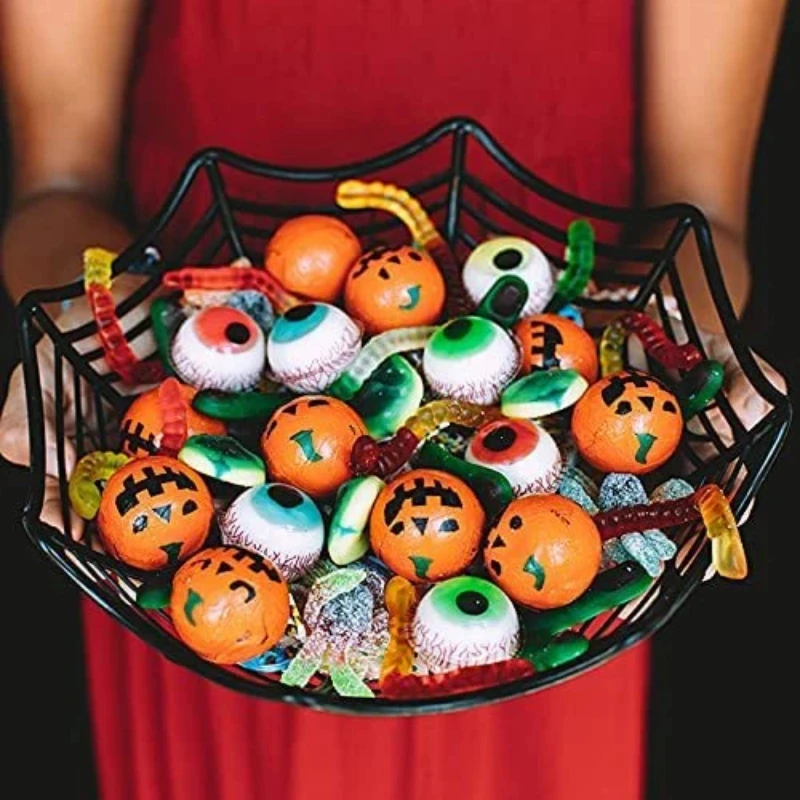 Spider Web Shaped Plastic Candy Bowl Fruit Plate Black Orange Halloween Candy Basket Home Party Snack Storage Decor Supplies