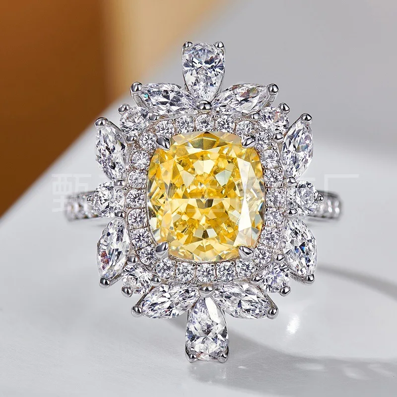 Factory Direct Sales 925 Silver-plated Special-shaped Yellow Diamond Ring Women's Zircon Women's Ring Live Broadcast Wholesale J