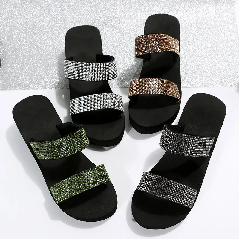 2023 Summer Fish Mouth Slides Rhinestone Slope with A Word Hollow Slippers Outside Shoes for Women Large Size 43 Sandals Women