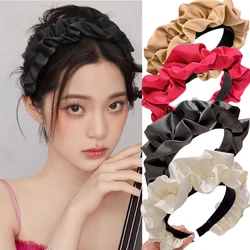 New 2023 Korean Big Wide Ruffles Satin Bezel Black Coffee Neutral Solid Color Hairbands for Women Girls Hair Accessories