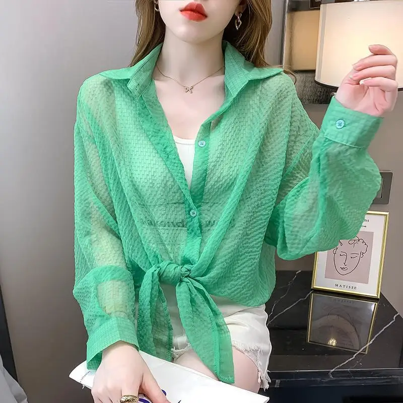 

Women's Clothing Solid Color Shirt Summer Thin Commute Single-breasted Long Sleeve Fashion Bandage Turn-down Collar Loose Blouse