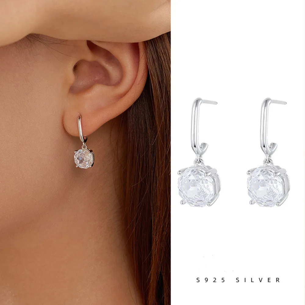 

925 Sterling Silver Rose-Cut Earrings Women's Light Luxury Zircon Ear Drops Single Large Sparkling Diamond Ear Jewelry
