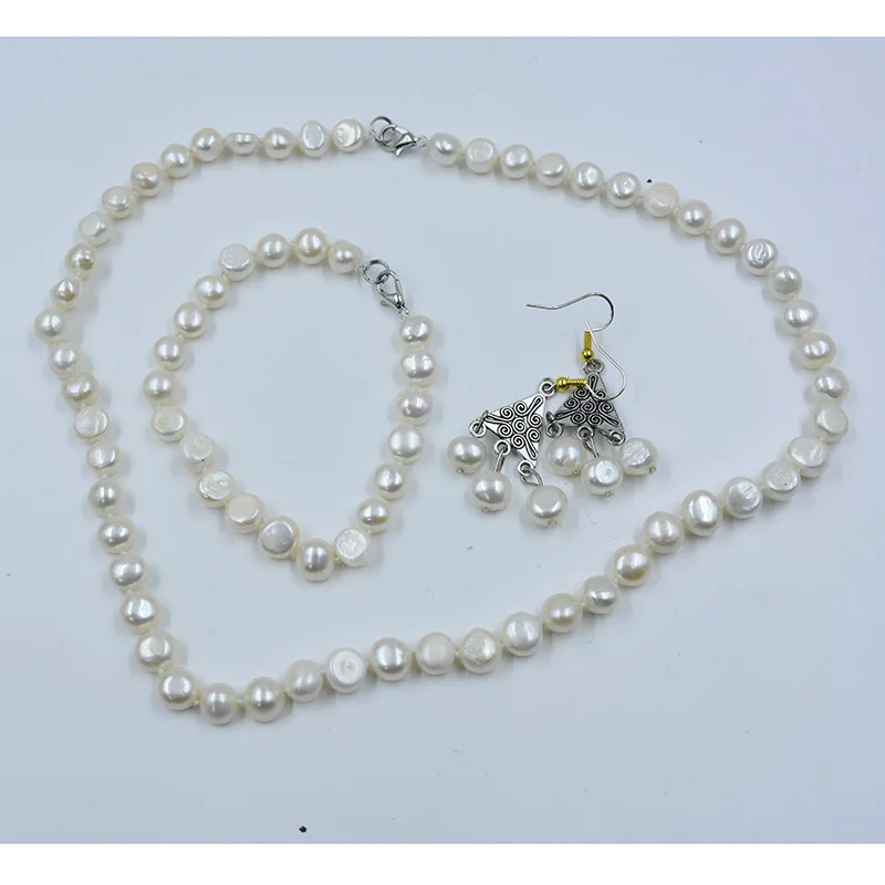Retro Simple 8MM High Quality Natural White Baroque Pearl Necklace Bracelet Earring Set. Women's Most Elegant Party Jewelry 18”