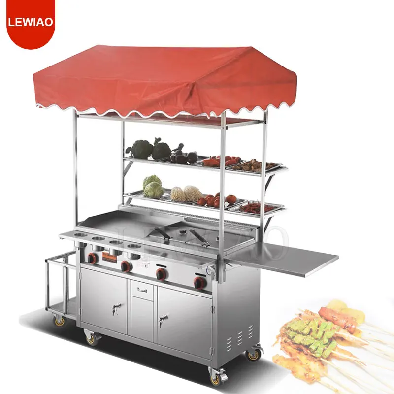 

Multifunctional Commercial Street Food Cart Hand Push For Grill Pan Fryer Bbq Snack Truck Mobile