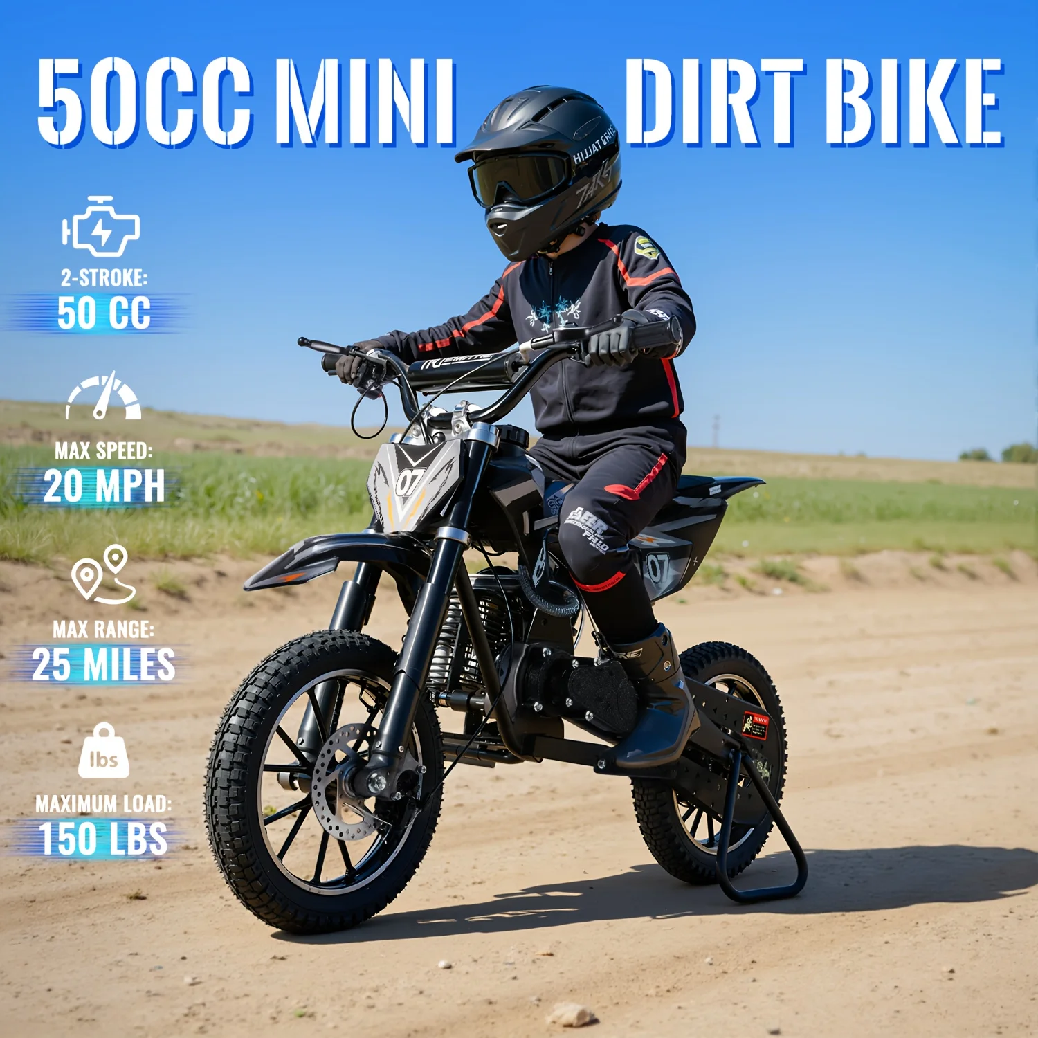 

50CC Dirt Mini Bike: A Gas-powered, 2-stroke Off-road Motorcycle With A 20 Mph Top Speed And 25-mile Range. It Includes Pull-sta