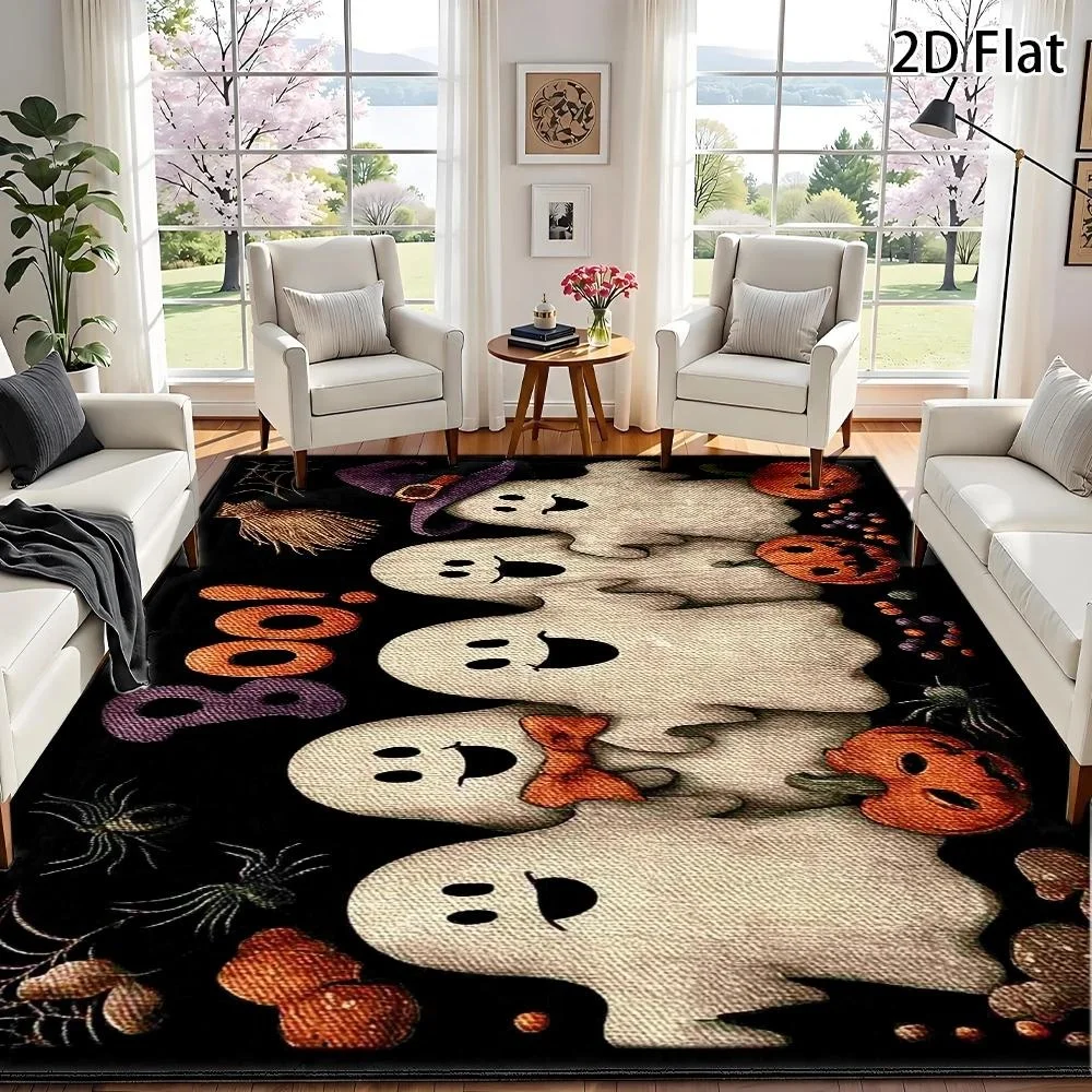 Cute Ghost Boo Halloween Rectangle Area Rug,Pumpkin Spider Printed Floor Carpet,Spooky Season Living Room Home Decor