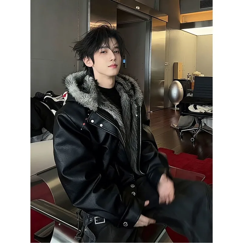 Mens Jacket Harajuku American Deconstructed Faux Wolf Fur Hooded Cotton Coat Studded Short Leather Style Winter Warm Streetwear