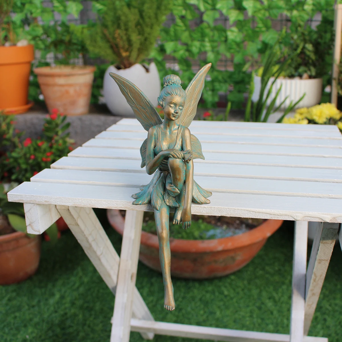 1 قطعة تمثال راتينج الجنية على شكل زهرة برونزية عتيقة ، حلي زخرفية لغرفة المعيشة الداخلية والحديقة الخارجية