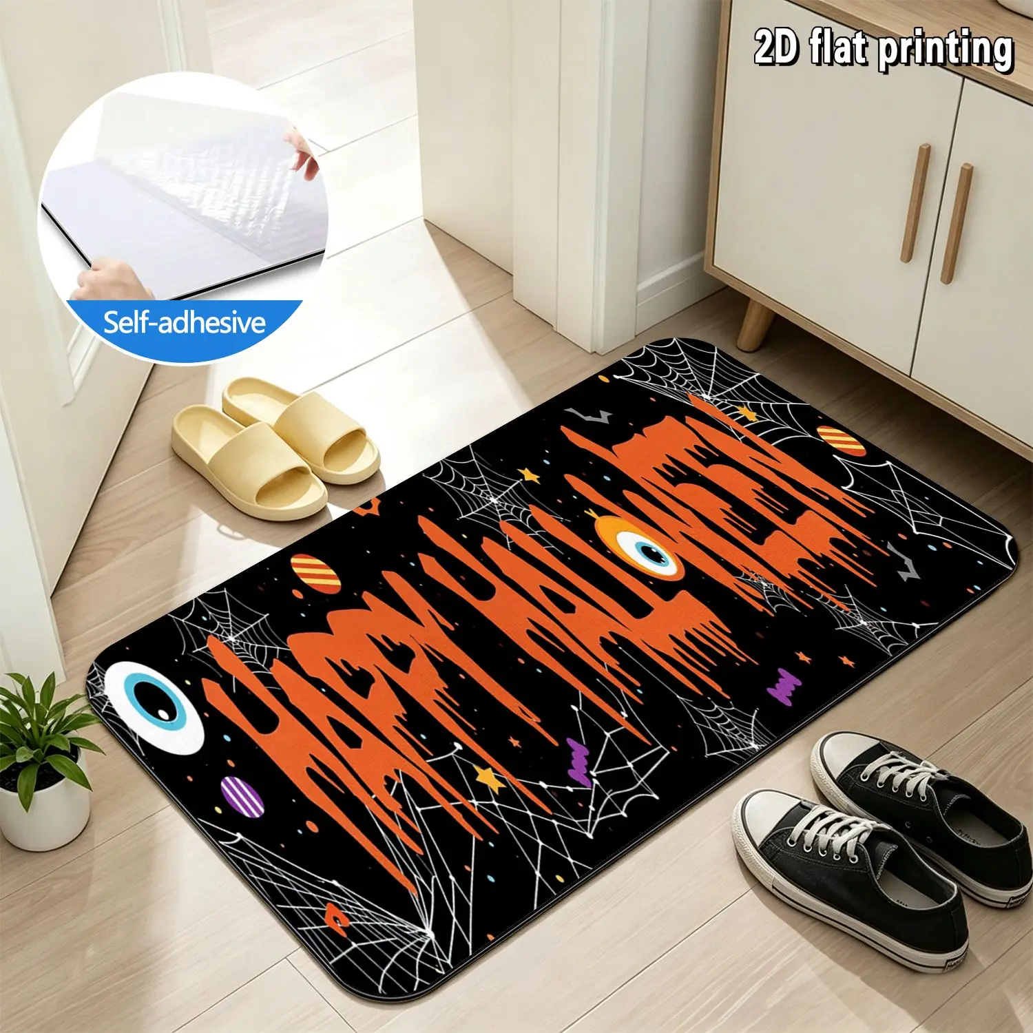 1pc 2D FLAT Printing Kitchen Mat, Self-Adhesive Kitchen Rug, Happy Halloween With Spiderwebs And Eyeballs Design Comfortable.