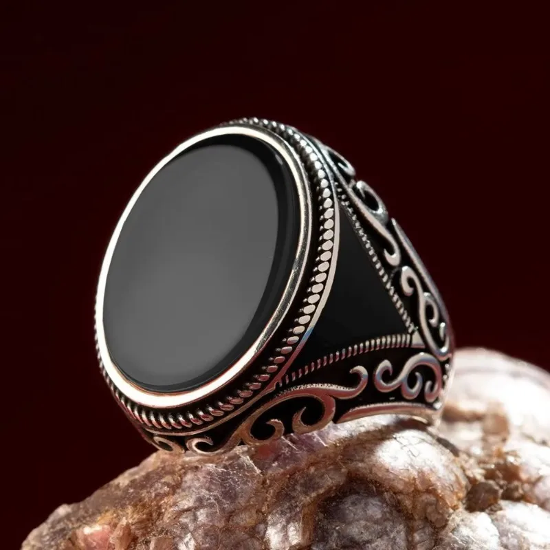 Huajie Men's Retro Turkish Signet Rings Mirror Black Zircon Vintage Silver Carving Islamic Ring Tradition Jewelry Trend