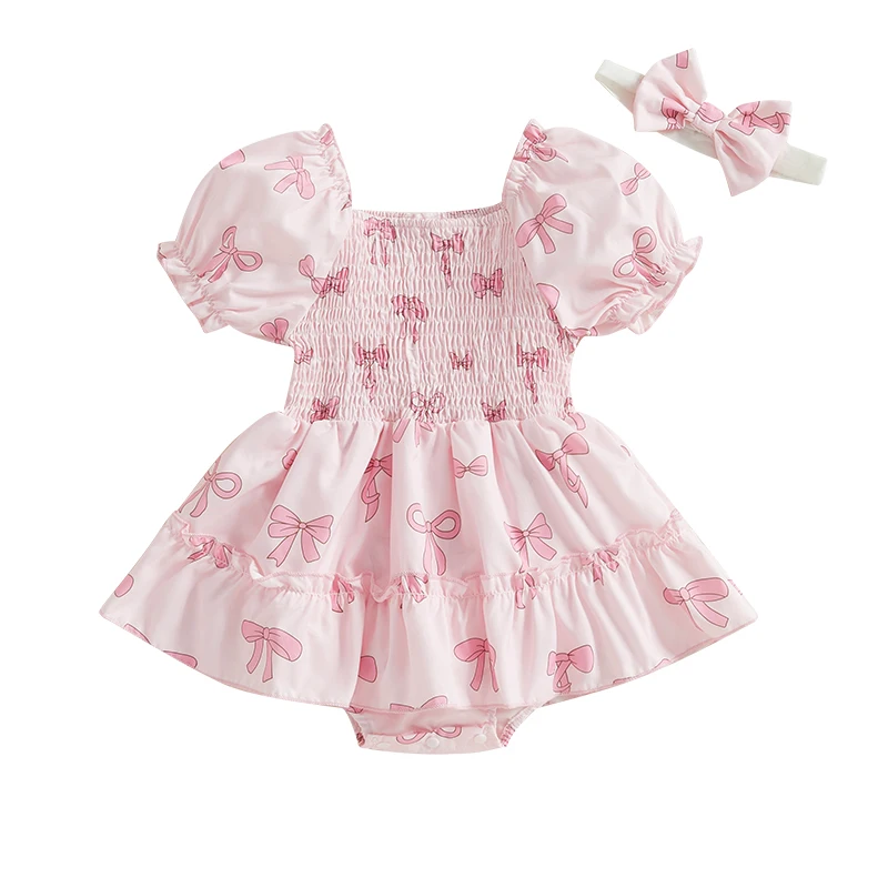 Baby Girl Outfit Short Sleeve Square Neck Smocked Bow Print Bubble Romper Dress Infant Newborn Girls Clothes Spring Summer