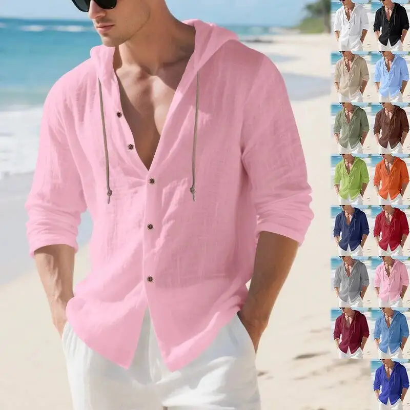 Men's Summer Linen Hooded Shirt Lightweight Breathable Sun-Protective Beach Casual Cardigan Couple Style Clothing For Vacation