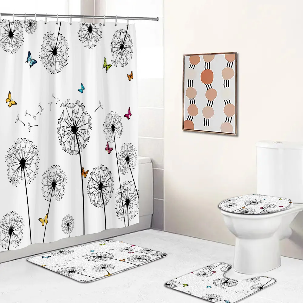 Dandelion Bath Curtain Set Plants Butterfly Minimalist Nordic Greenery Bath Decorations Non-slip Bath Mat Toilet Lid Cover